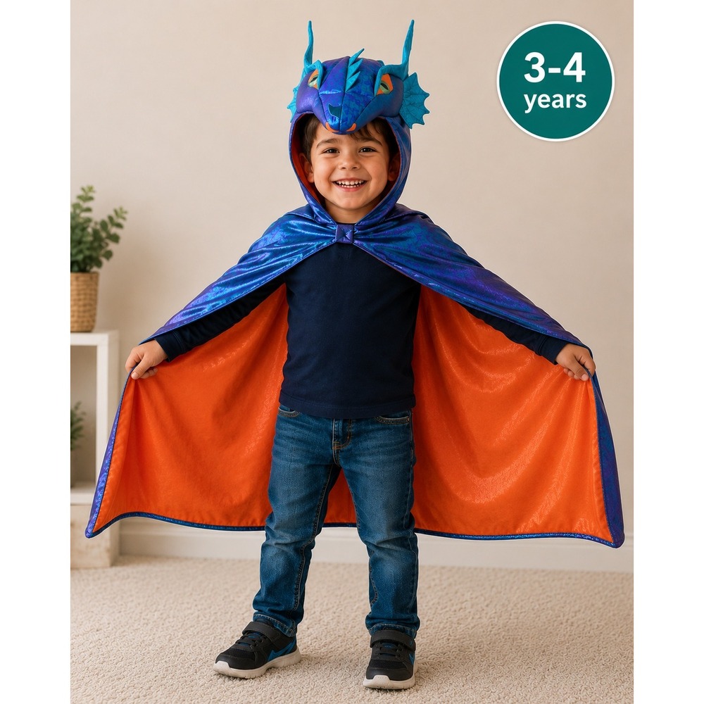 Great Pretenders Dragon Cape Kids Size 3-4 Blue Iridescent Hooded Costume